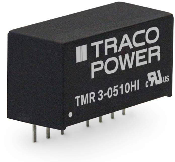Ein schwarzer elektronischer Baustein der Marke Traco Power mit der Aufschrift 'TMR 3-0510HI'. Er hat mehrere Metallstifte zur Verbindung.