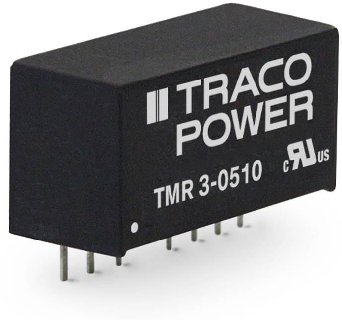 Schwarzer Traco Power Spannungswandler TMR 3-0510 mit mehreren Anschlussstiften, zeigt Produktdesign und Markennamen.