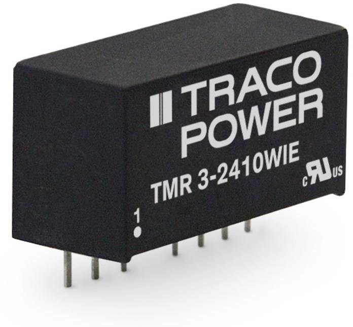 Schwarzer elektronischer Bauteil mit weißer Aufschrift 'TRACO POWER TMR 3-2410WIE', zeigt ein kleines, rechteckiges Modul mit Pins.