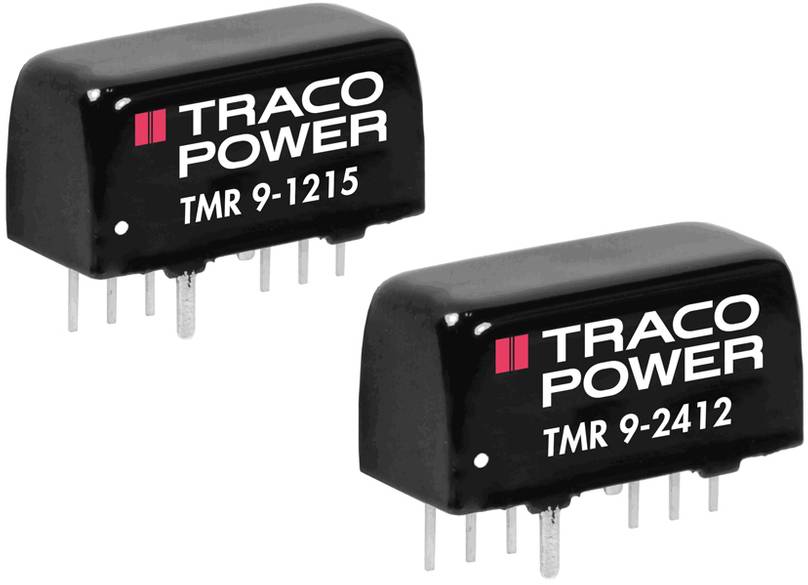 Zwei schwarze elektronische Bauteile mit der Aufschrift 'TRACO POWER'. Modelle 'TMR 9-1215' und 'TMR 9-2412', mit mehreren Anschlussstiften.