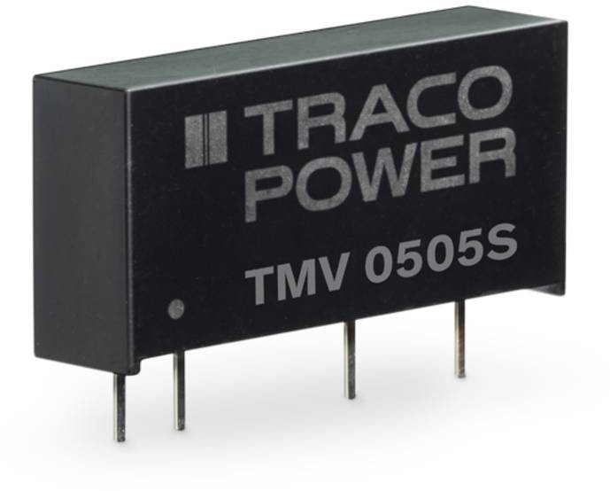 Schwarzes elektronisches Bauteil mit der Aufschrift 'TRACO POWER TMV 0505S'. Vier Metallanschlüsse ragen unten heraus.