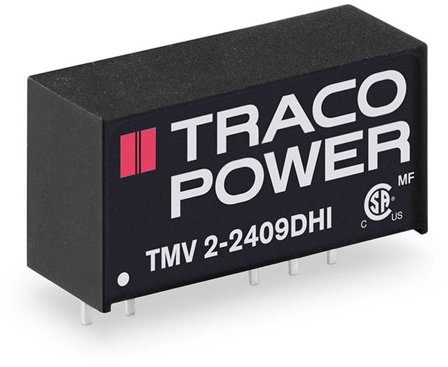 Ein schwarzer elektronischer Baustein mit der Aufschrift 'TRACO POWER TMV 2-2409DHI', zeigt ein Standardnetzteil.