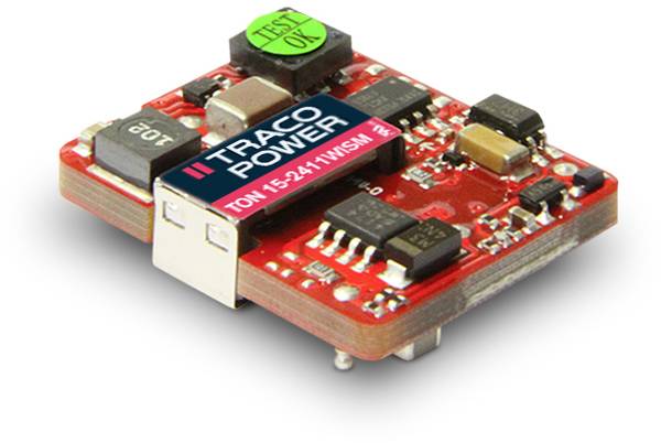 Ein rotes elektronisches Modul mit mehreren schwarzen und silbernen Komponenten, darauf der Text 'TRACO POWER TON 15-2411WI'.