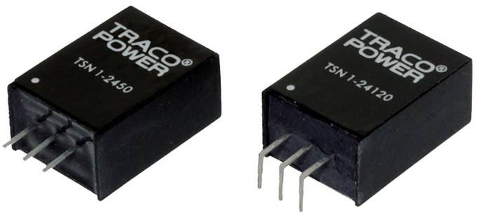 Zwei schwarze elektronische Bauteile mit der Aufschrift 'TRACO POWER TSN 1-2450' und 'TSN 1-24120', jeweils mit drei Metallstiften.