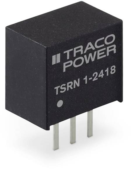 Ein kompakter, schwarzer Traco Power Spannungsregler mit der Aufschrift 'TSRN 1-2418', ausgestattet mit drei Metallstiften unten.