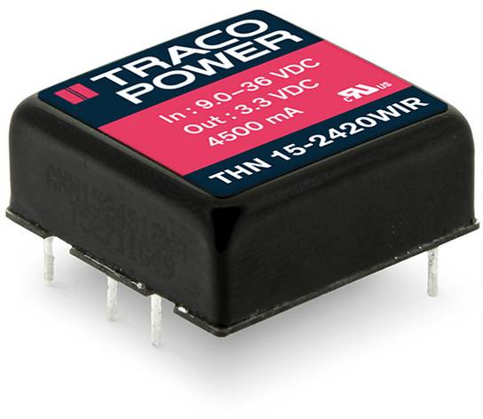 Netzteil-Modul mit Aufdruck 'TRACO POWER', Eingangsbereich 'In: 9.0-36 VDC', Ausgang 'Out: 3.3 VDC 4500 mA', Modell 'THN 15-2420WIR'.