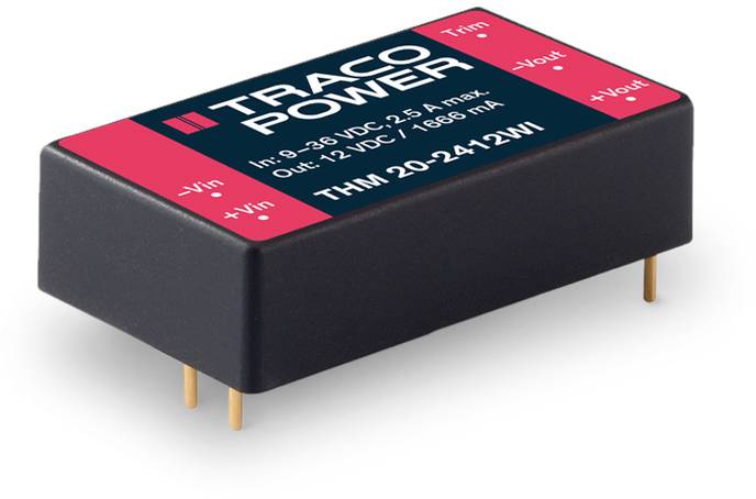 Gleichspannungswandler (DC/DC-Converter) von Traco Power mit Eingangsbereich 9-36 VDC und Ausgangsleistung 12 VDC, 1680 mA.