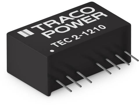 Schwarzer elektronischer Baustein mit der Aufschrift 'TRACO POWER TEC 2-1210', neun Metallpins an der Unterseite.