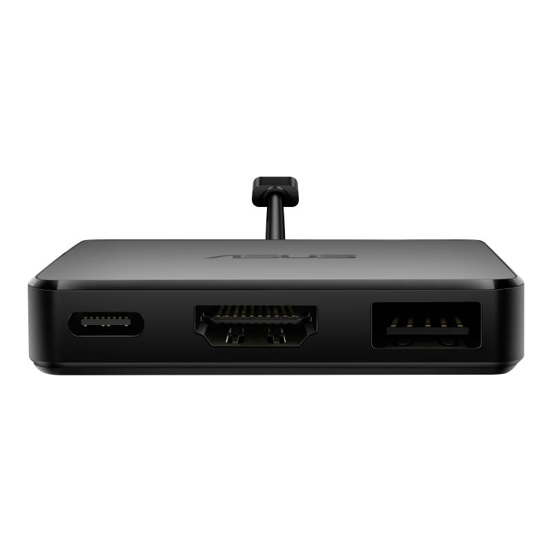 Ein schwarzes elektronisches Gerät mit Anschlüssen: USB-C, HDMI und USB-A. Vorderansicht mit sichtbarer Kabelverbindung oben.