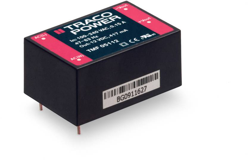 Schwarzes Traco Power-Modul mit rotem Aufdruck. Technische Spezifikationen: AC/DC, 6.5 A, 98-240 VAC, 12 VDC, 77 W.