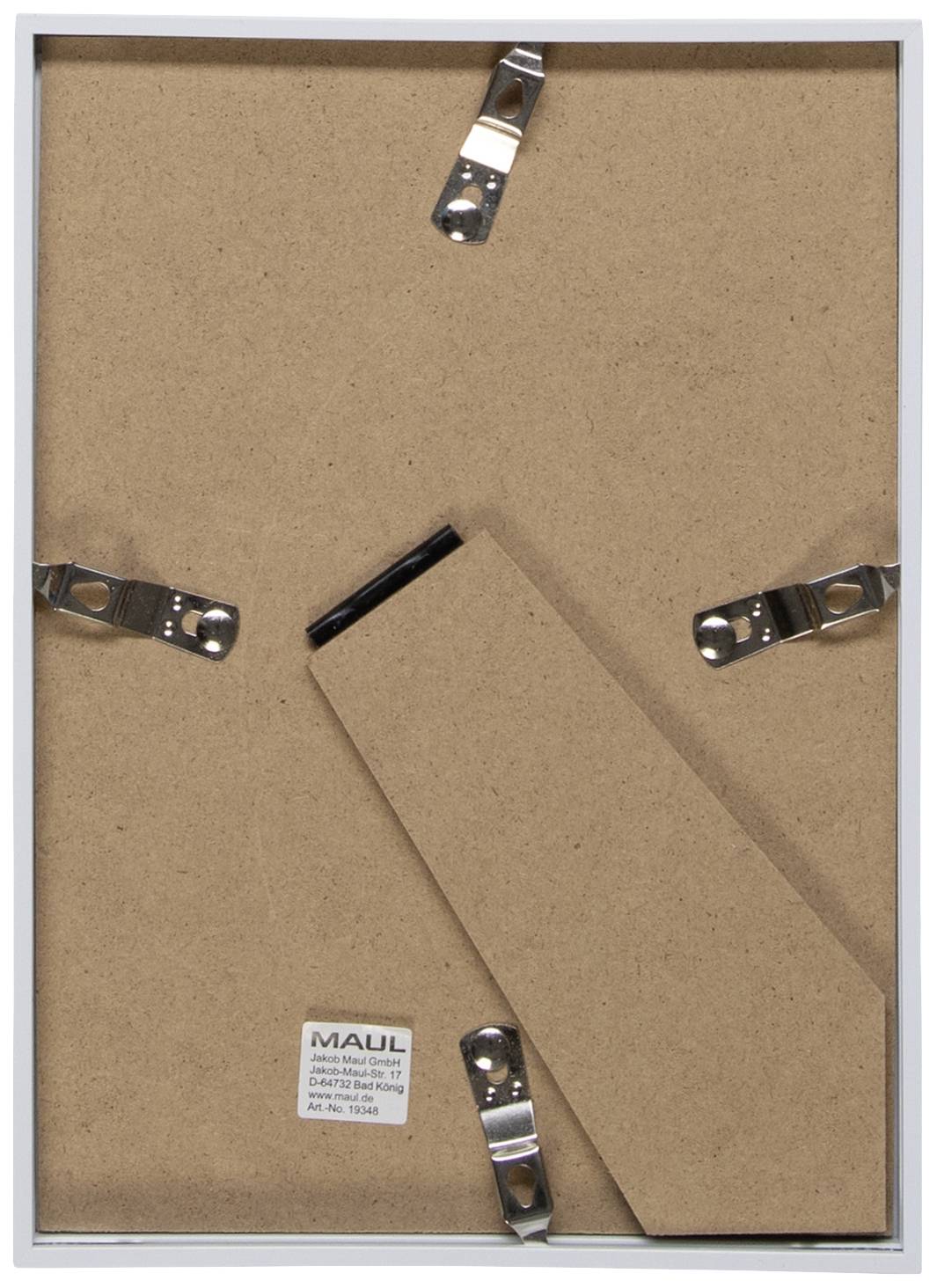 Rückseite eines Bilderrahmens mit stabilen Klammern und einem ausklappbaren Ständer, zur Unterstützung beim Aufstellen.