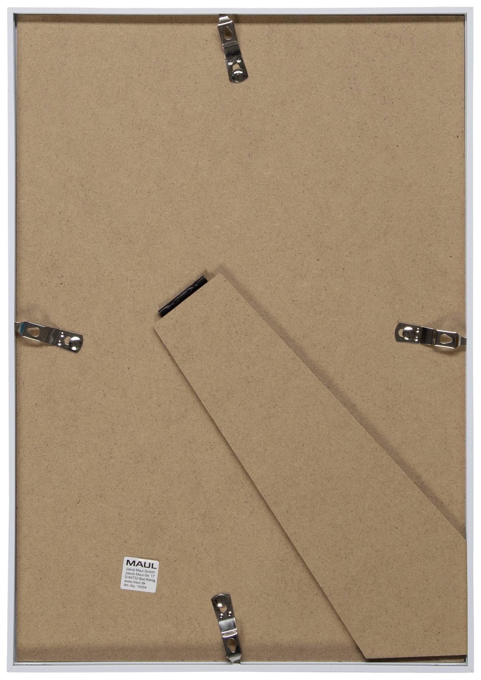 Setzrahmenrückseite mit Standfuß und Aufhänger. Vier Metallklammern sichern die Rückwand.