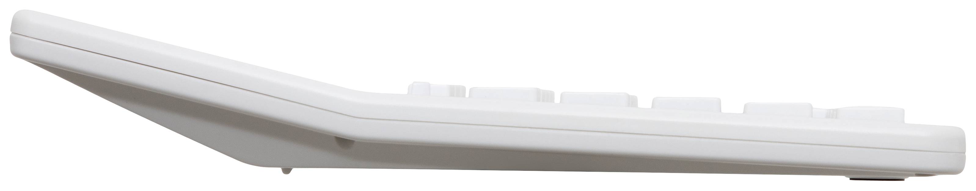 Seitenansicht einer weißen Fernbedienung mit schrägem, abfallendem Design und sichtbaren Tasten.