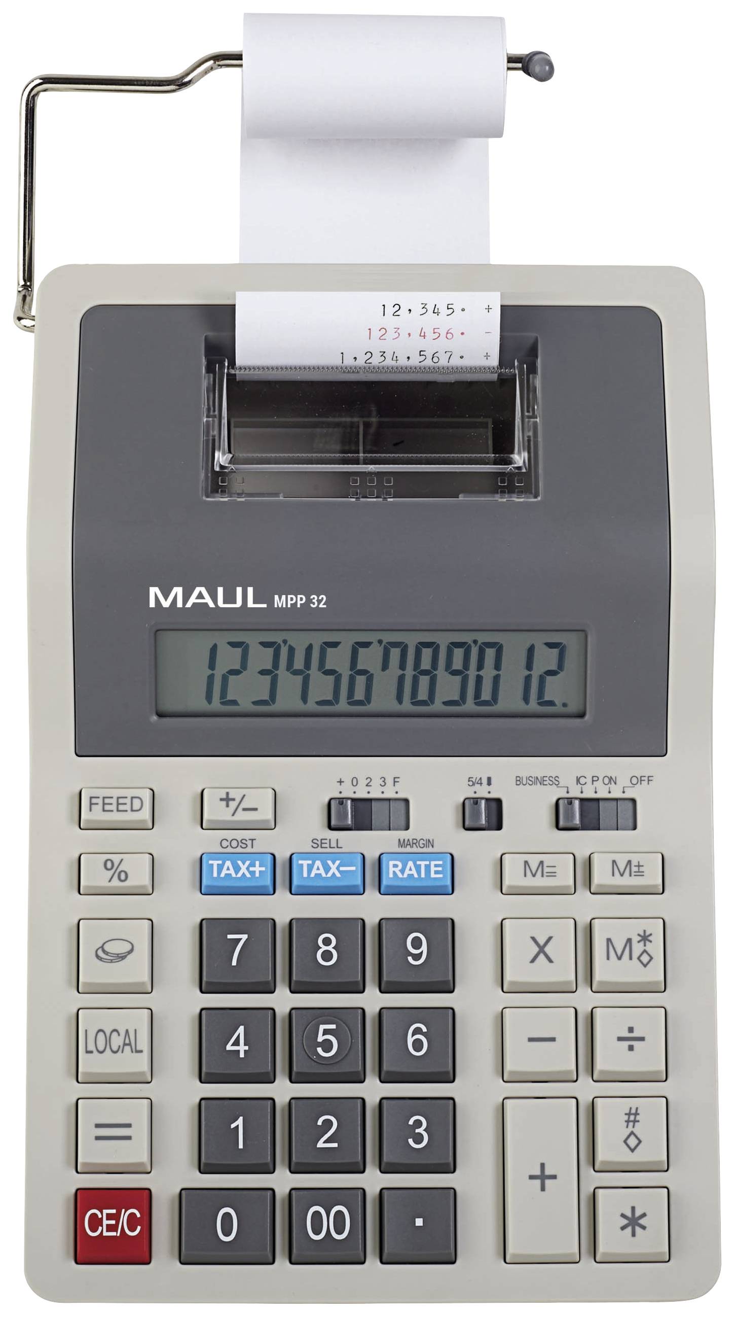Elektronischer Tischrechner mit Druckfunktion. Zeigt die Zahl '1234567890.12' im Display. Papierrolle mit gedruckten Zahlen.