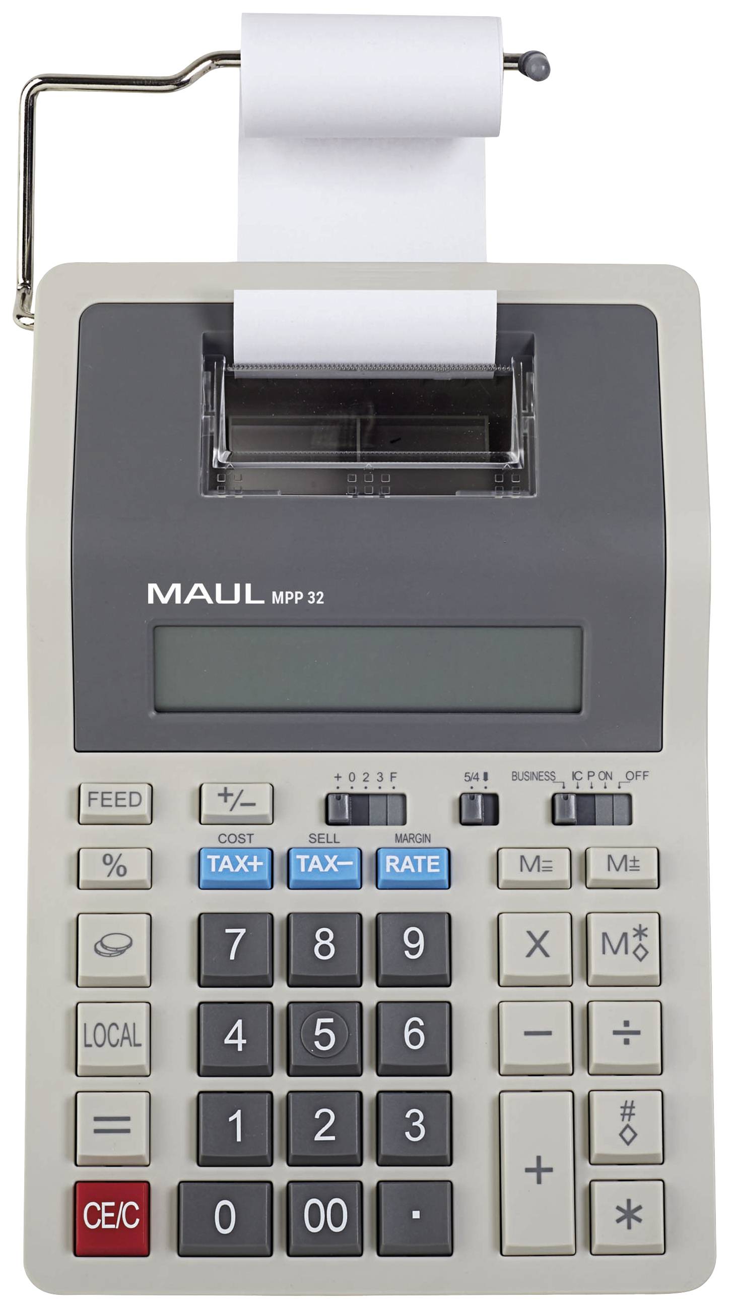 Ein Druckrechner mit Papierrolle, Tasten für Steuerberechnung und grundlegende mathematische Funktionen, silbernes Gehäuse.