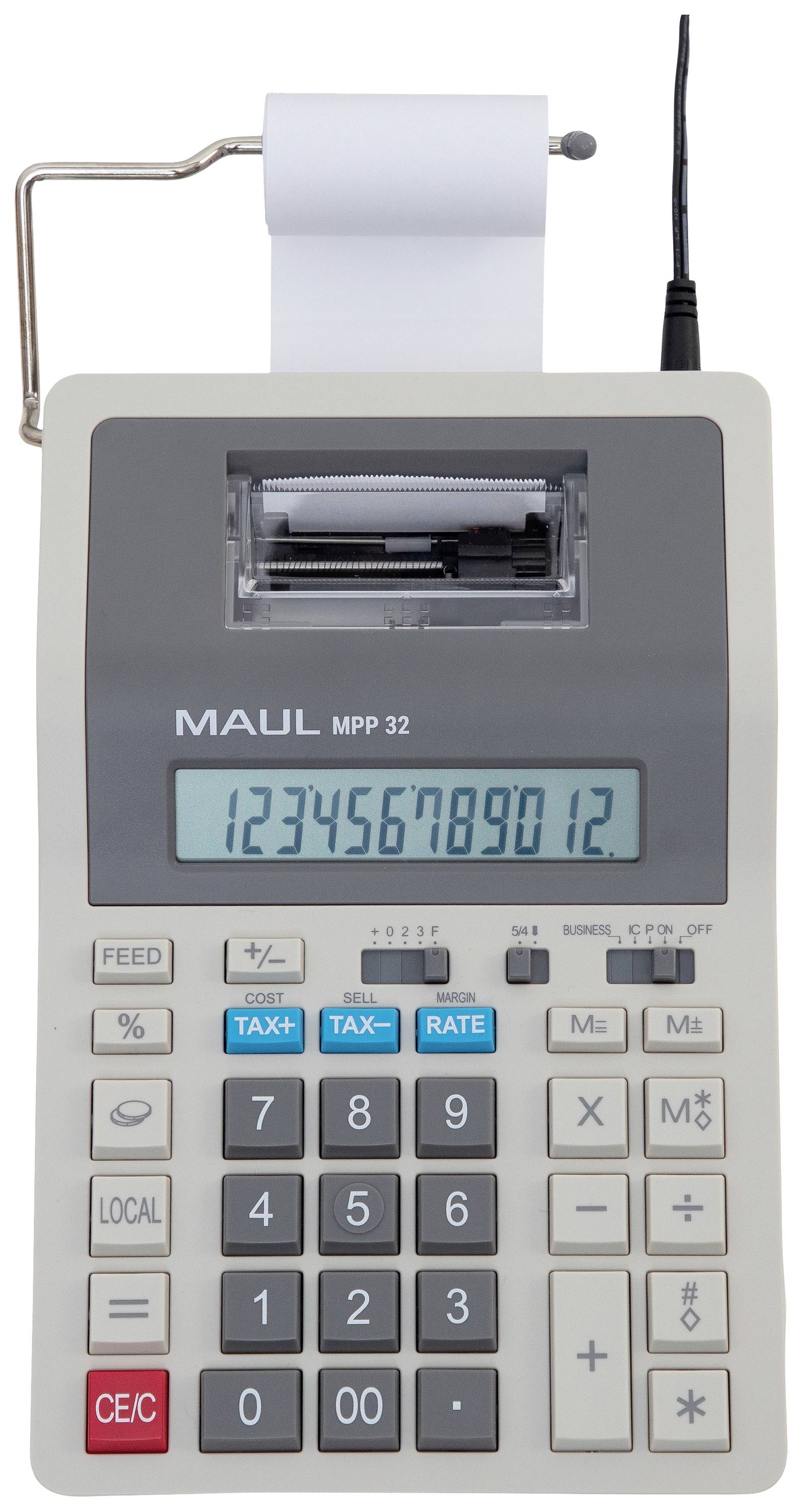 Rechenmaschine mit Druckfunktion, Tasten für Steuersatzberechnung, Anzeige von Zahlen '123456789012'.