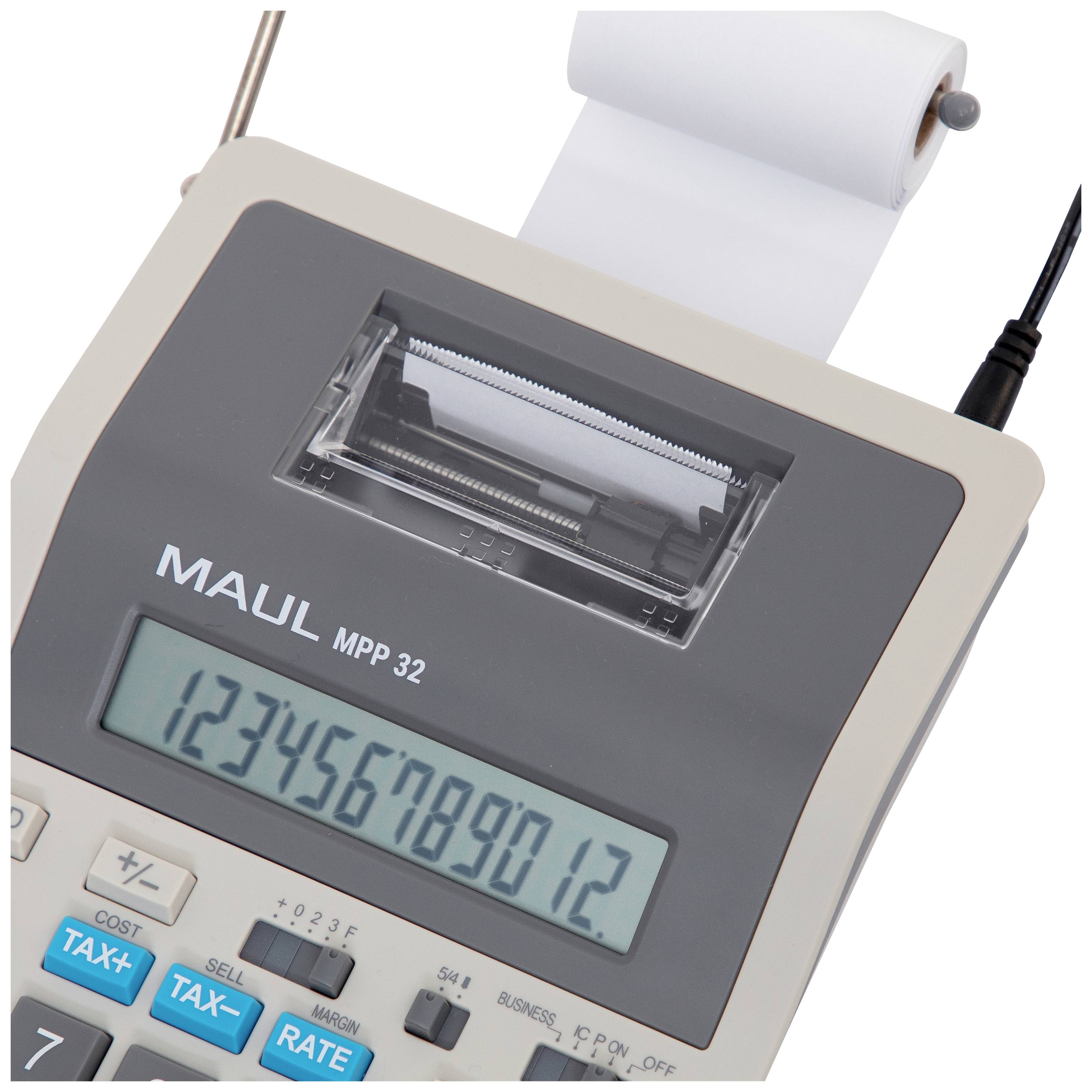Ein Tischrechner mit Druckerfunktion zeigt '1234567890.12' auf dem Display. Im Hintergrund ist eine Papierrolle erkennbar.