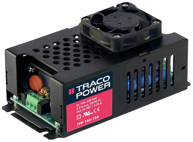 Schwarzes Traco Power-Netzteil mit Lüfter, Spannungsangaben und Anschlusskomponenten, geeignet für diverse elektronische Anwendungen.
