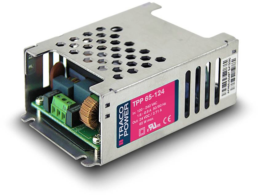 Metallisches Netzteilgehäuse mit sichtbaren elektronischen Komponenten und einem Etikett mit technischen Spezifikationen der Marke 'Traco Power'.