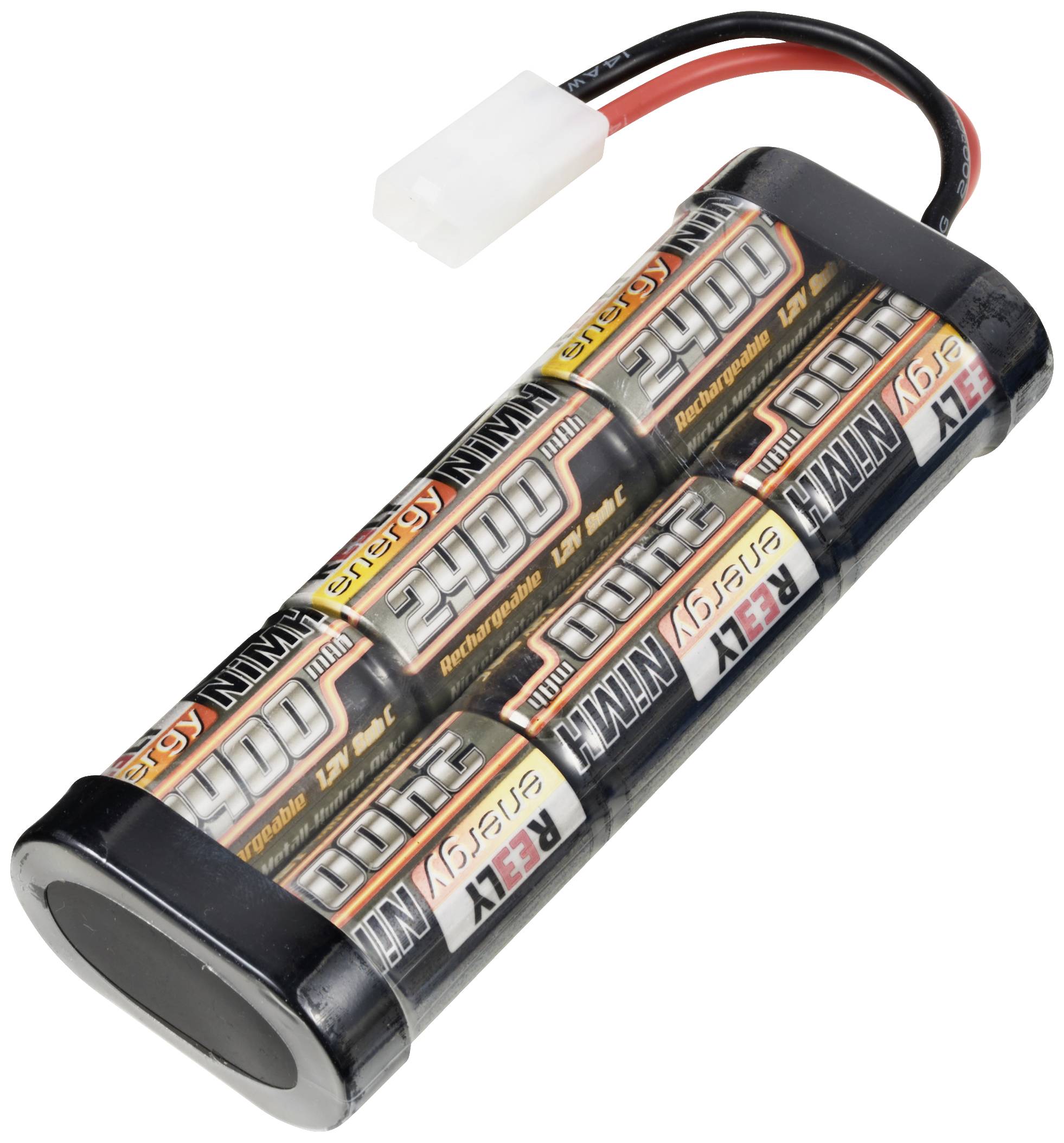 Akkupack mit sechs AA-Batterien, verbunden in zwei Reihen. Ein schwarzer und ein roter Draht führen zu einem weißen Stecker.