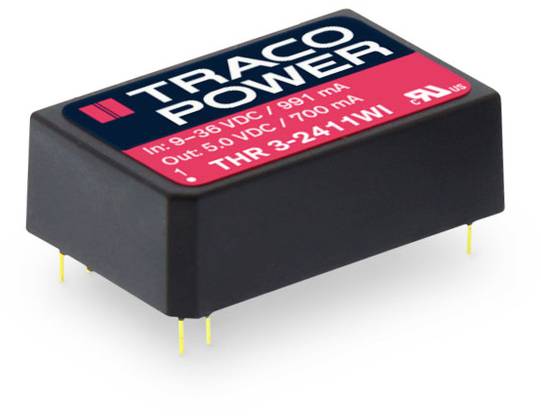 Rechteckiges elektronisches Bauteil mit der Aufschrift 'TRACO POWER'. Eingang: 9-36 VDC / 591 mA. Ausgang: 5.0 VDC / 700 mA.