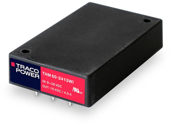 Schwarzes TRACO Power-Modul, Modell THM 60-2413WI, Eingangsbereich 9-36 VDC, Ausgang 15 VDC/4,0 A. Zeigt ein Elektronikbauteil.