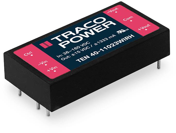 Spannungswandler von Traco Power, Modell 'TEN 40-11023WIRH', mit Eingangsbereich 18-160 VDC, Output ±15 VDC, ±1333 mA.
