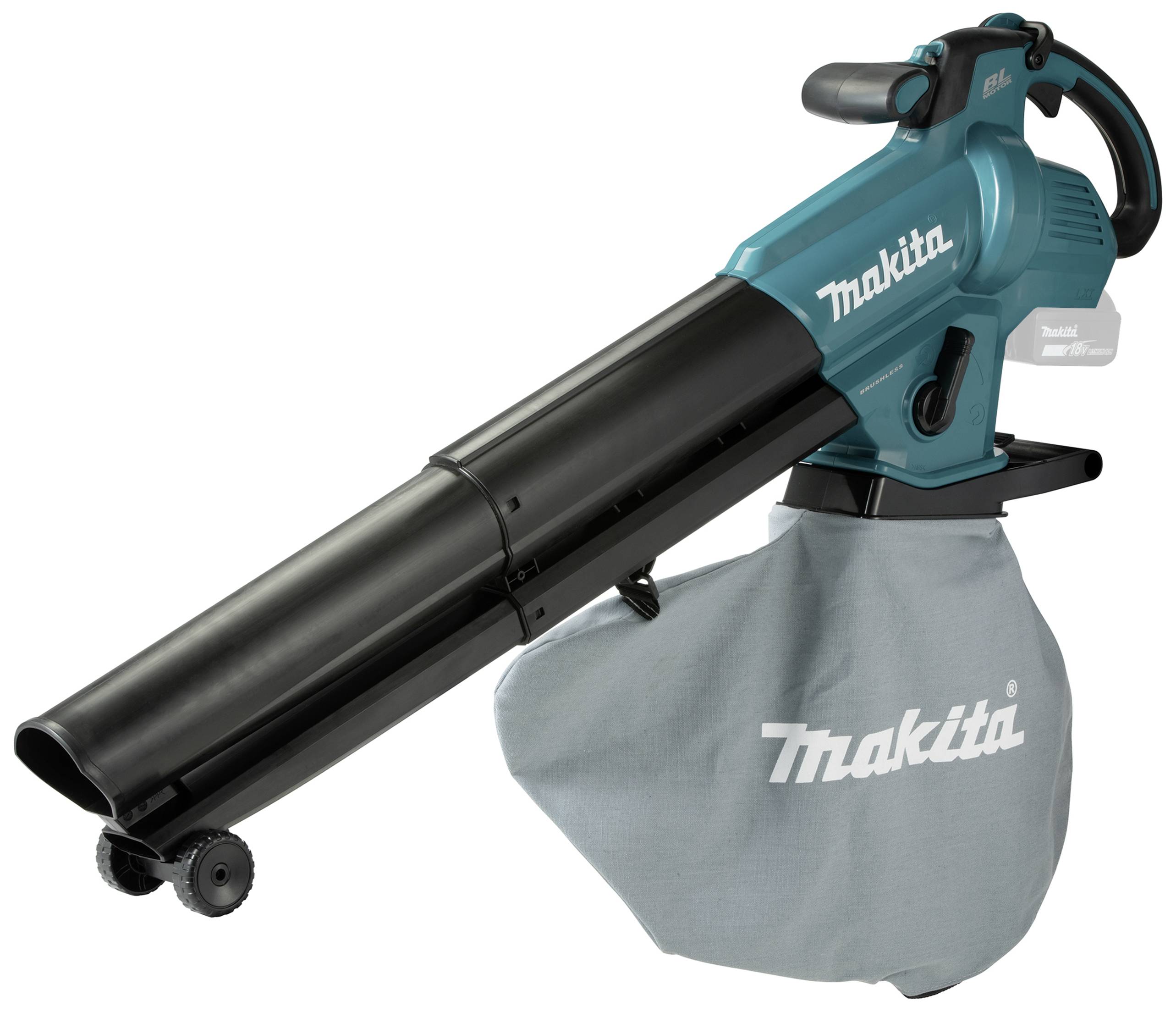 Ein blauer Laubbläser mit einem schwarzen Rohr und einem grauen Fangsack, auf dem das Logo 'Makita' steht.