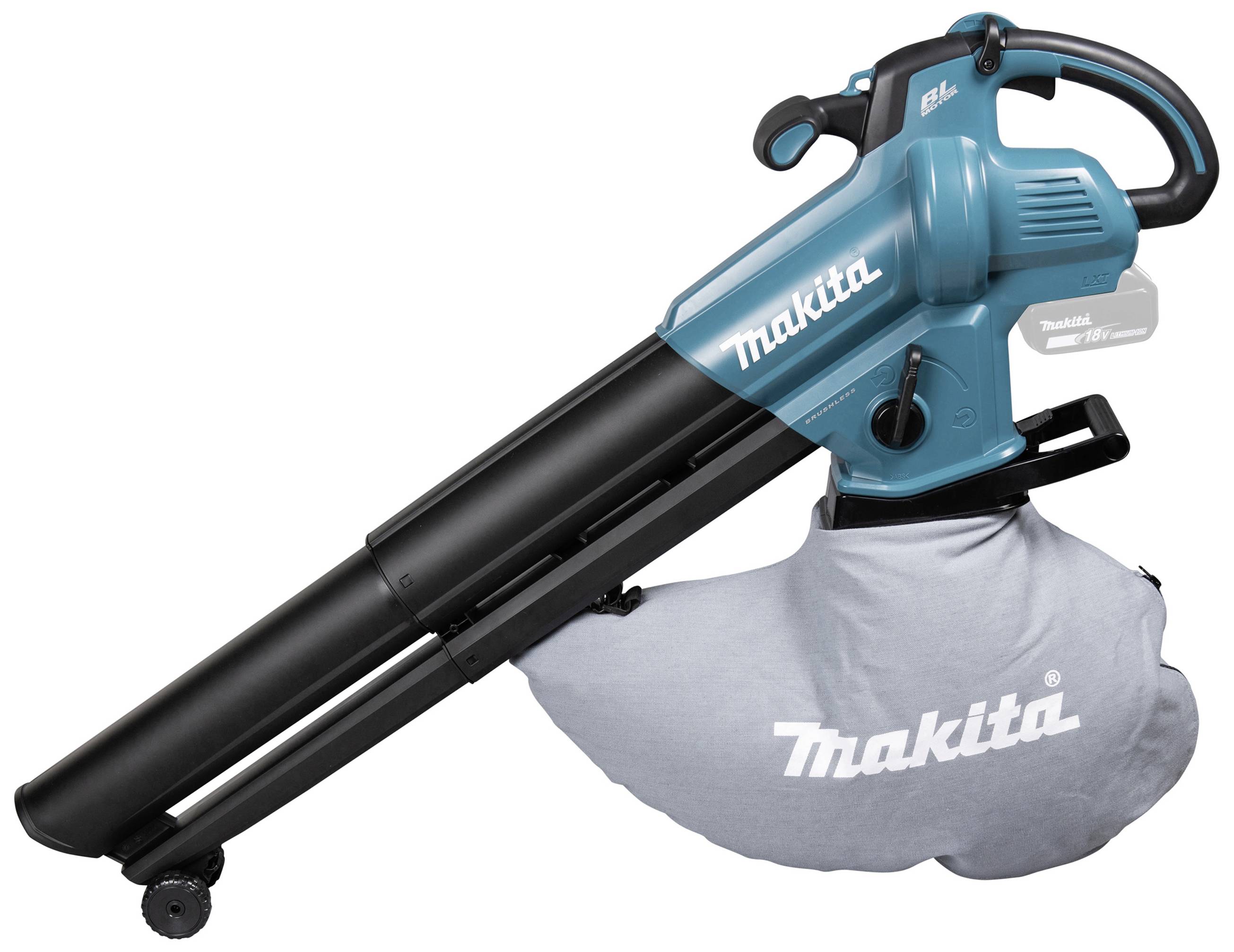 Ein blau-schwarzer Laubbläser von Makita mit einem grauen Fangsack darunter, gezeigt auf einer weißen Hintergrundfläche.