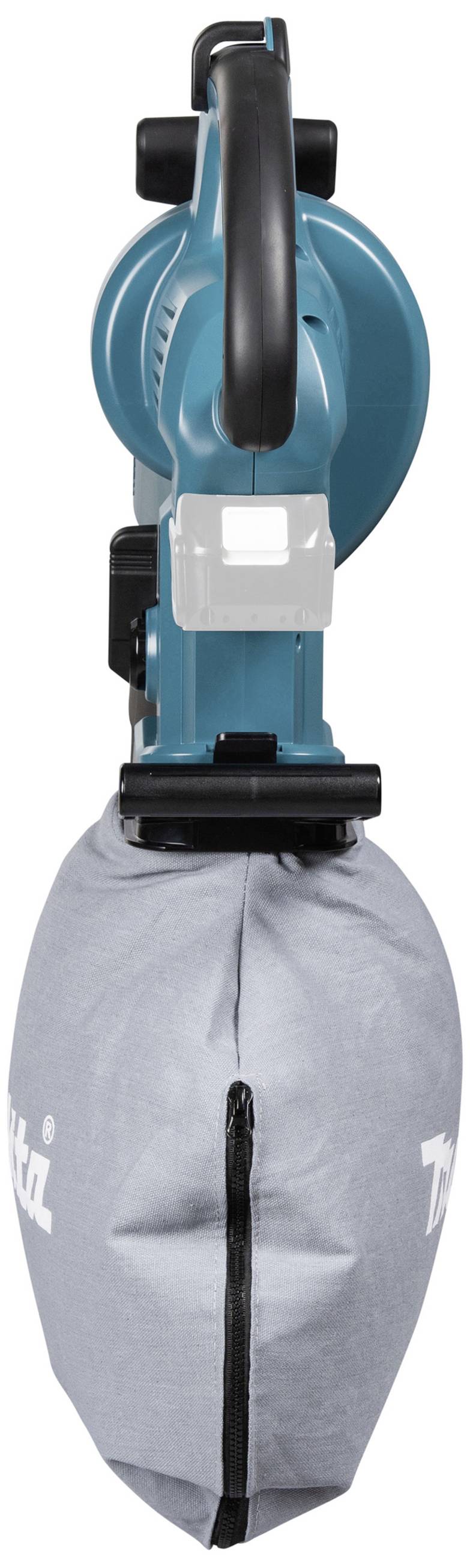 Laubbläser mit grauem Staubsack, vertikal aufgestellt. Hauptsächlich in Blau gehalten, geeignet für Gartenarbeiten.