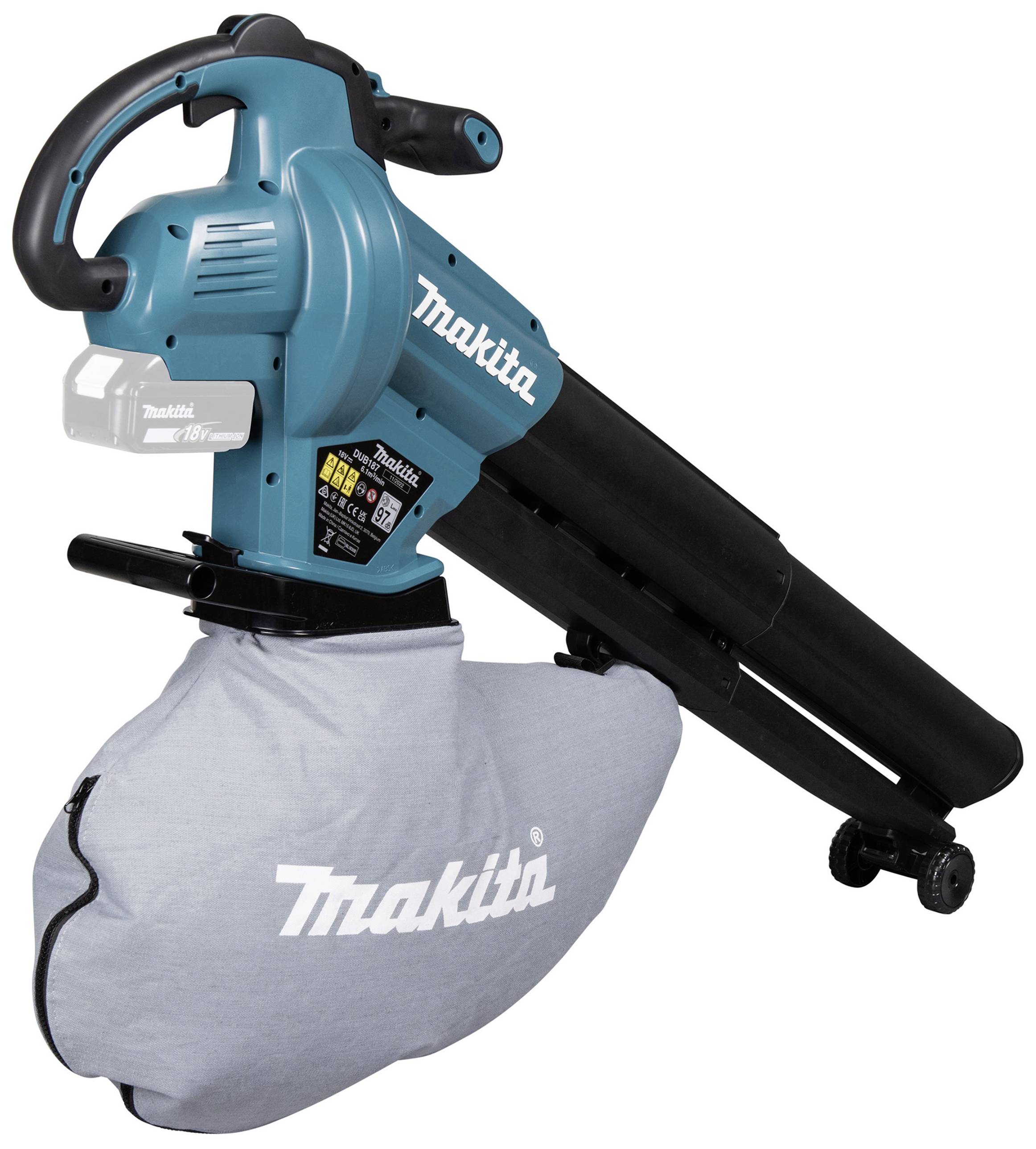 Ein elektrischer Laubsauger von Makita in Blau, mit angebrachtem Fangsack. Geeignet zum Aufsaugen und Zerkleinern von Laub.