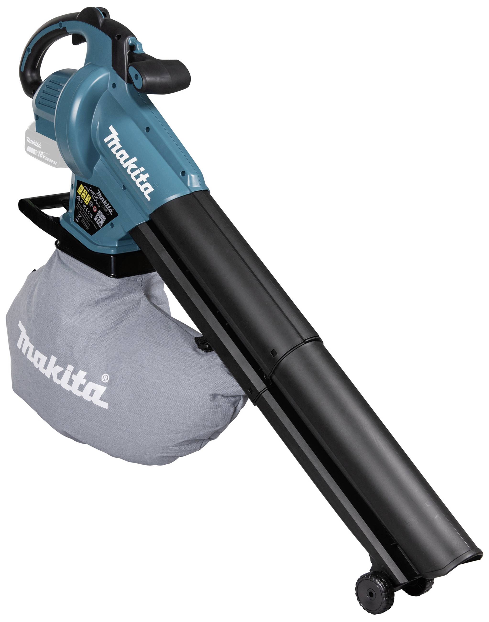 'Makita'-Laubbläser, schwarz und blau, mit Fangsack, auf Rädern.