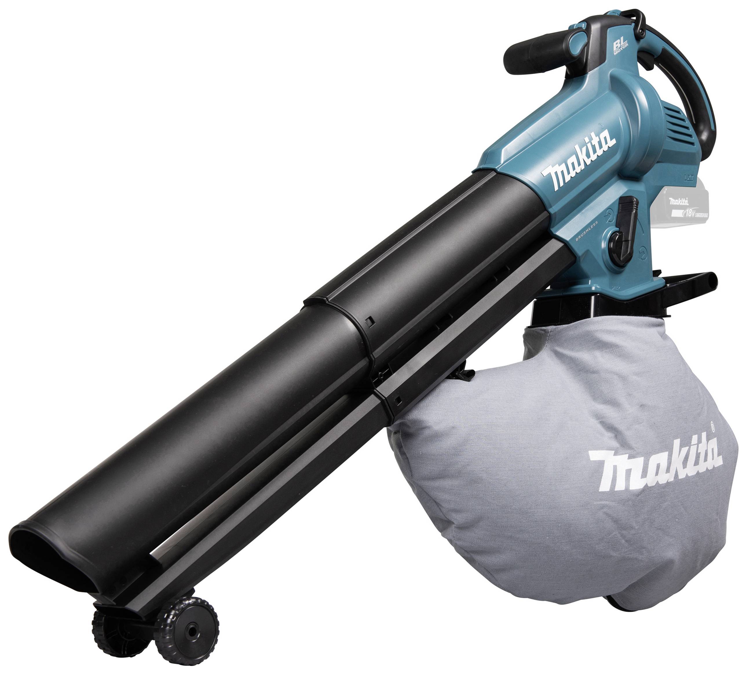 Laubbläser von Makita mit blauem Gehäuse und grauem Auffangsack. Geeignet für das Sammeln und Blasen von Laub im Garten.