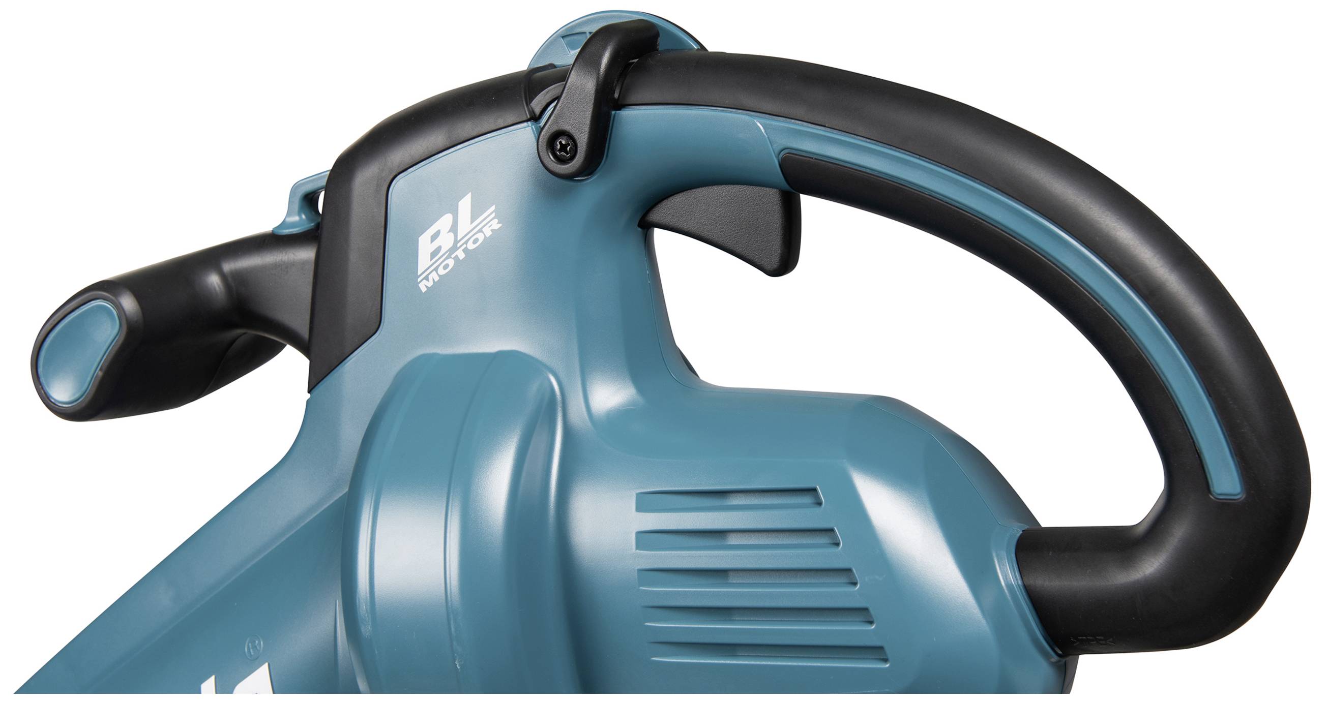 Ein nahes Bild eines blauen Elektrogeräts mit einem schwarzen Griff, verwendet als Laubbläser oder Gartengerät, Text 'BL MOTOR' auf dem Gerät.