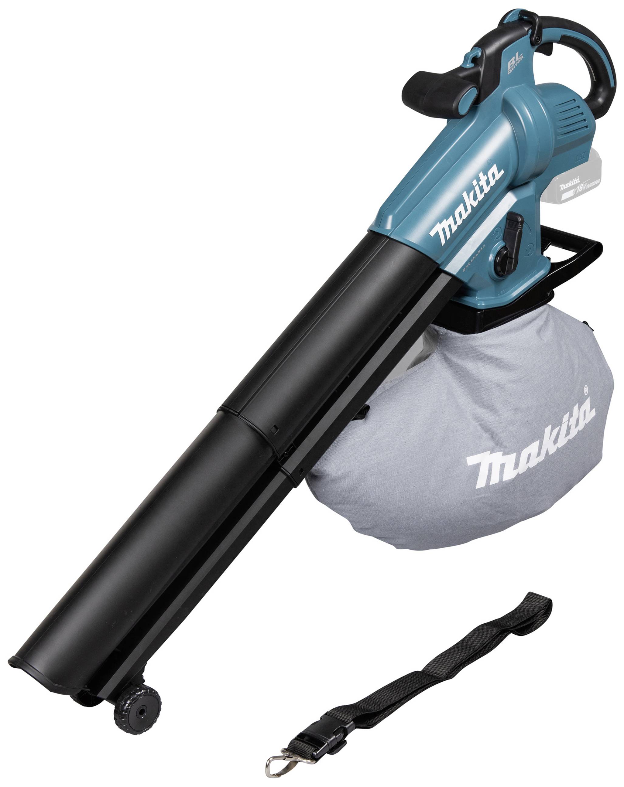 Laubbläser der Marke Makita mit Auffangbeutel und Tragegurt.