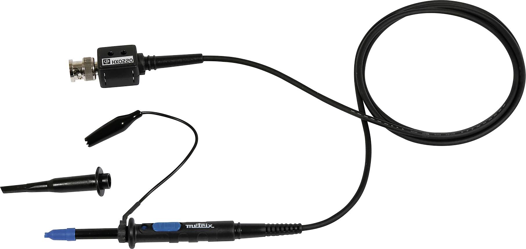 Oszilloskop-Tastkopf mit BNC-Anschluss, Messspitze und Krokodilklemme, geeignet für elektrische Messungen und Signaltests.