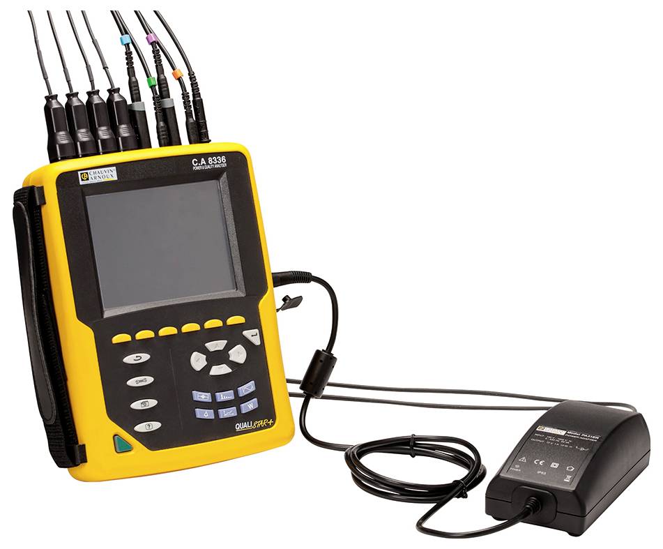 Tragbares Gerät zur Elektroinstallation, gelbes und schwarzes Gehäuse mit Display und Kabelanschlüssen.