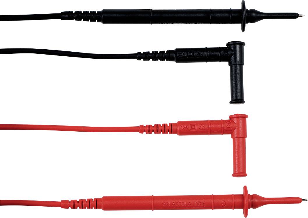Zwei Prüfspitzen, eine schwarze und eine rote, liegen nebeneinander. Sie werden zum Messen elektrischer Spannungen verwendet.