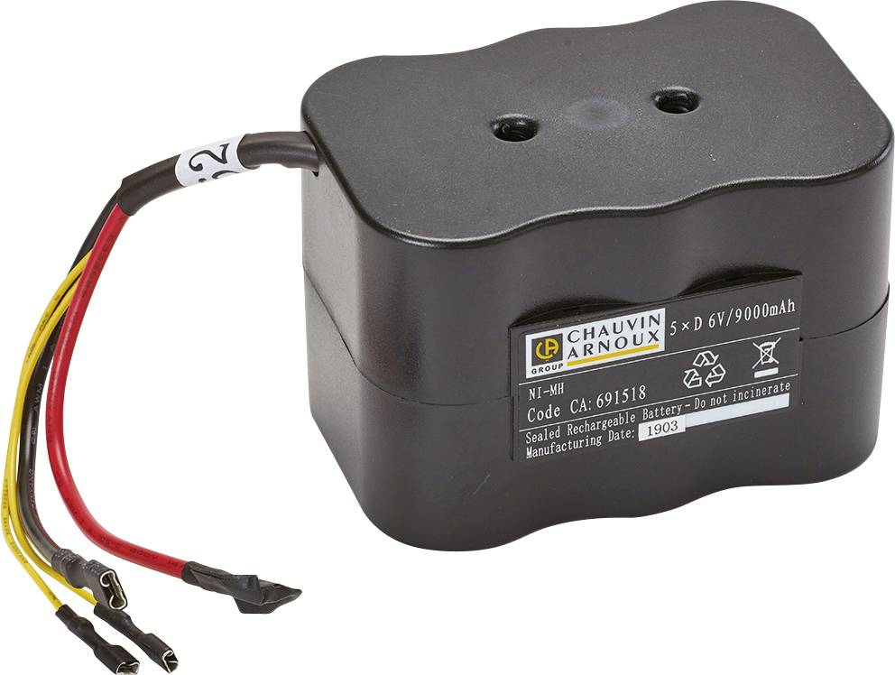 Chauvin Arnoux 695118 Sealed Rechargeable Battery, 6 V, 9000 mAh, mit vier farbigen Kabeln: rot, schwarz, gelb, weiß.