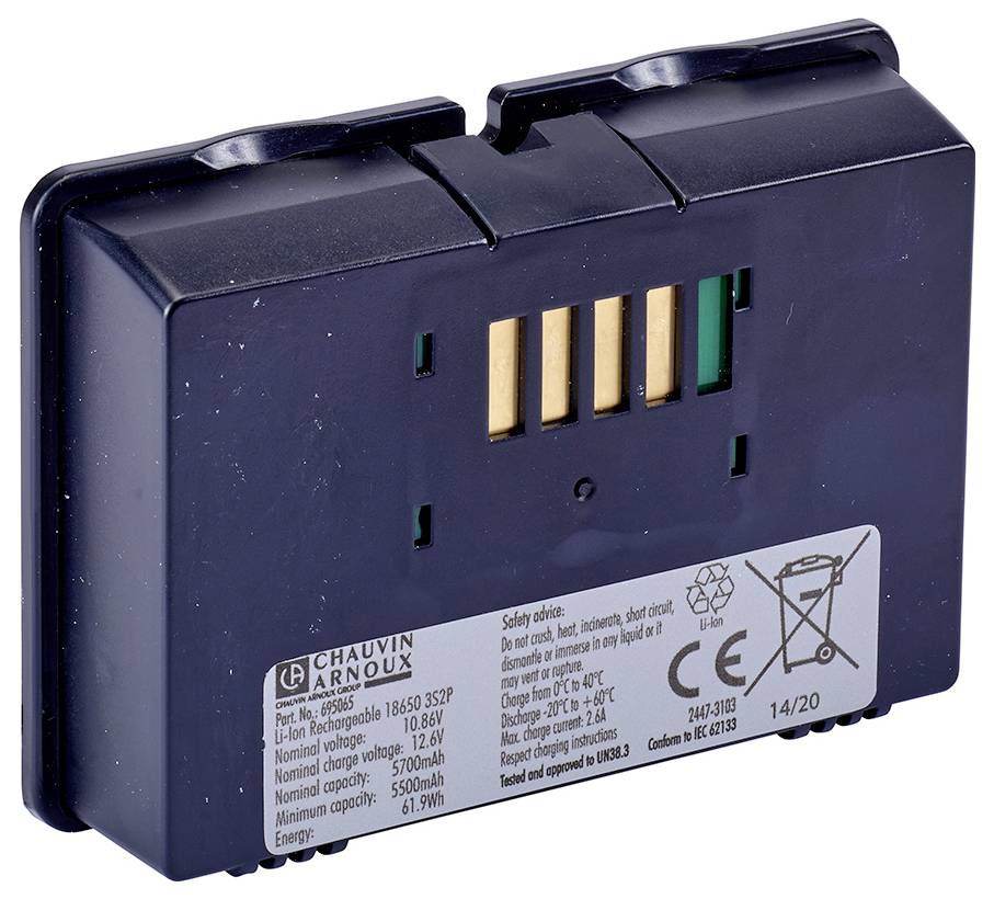 Schwarzer Akku mit Produktinformationen: 'Chauvin Arnoux' Logo, Modell 865566, Spannung 18,6V, Kapazität 5500mAh.