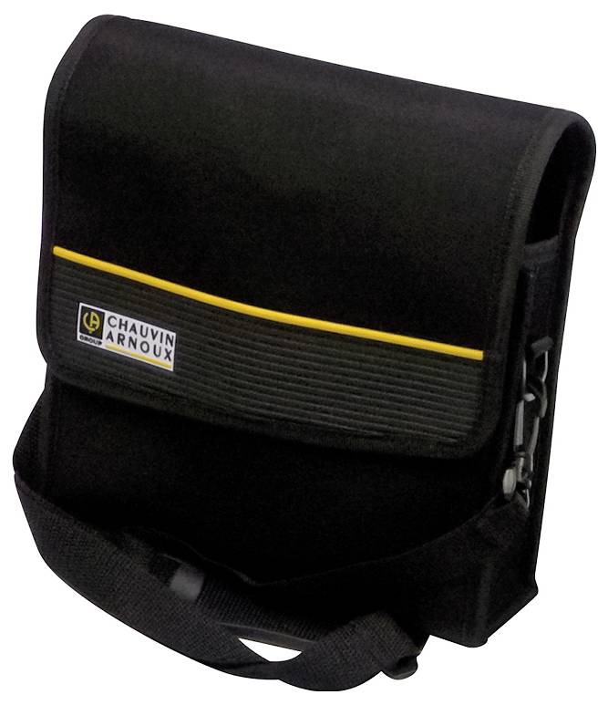 Schwarze Umhängetasche mit gelbem Streifen und dem 'Chauvin Arnoux'-Logo, geeignet für den Transport von Messgeräten.