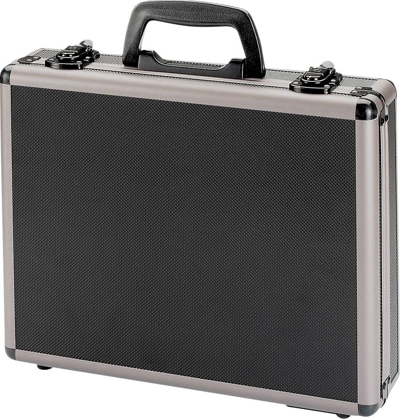 Ein schwarzer Aktenkoffer mit metallischen Kanten und einem schwarzen Griff, geschlossen, steht aufrecht.