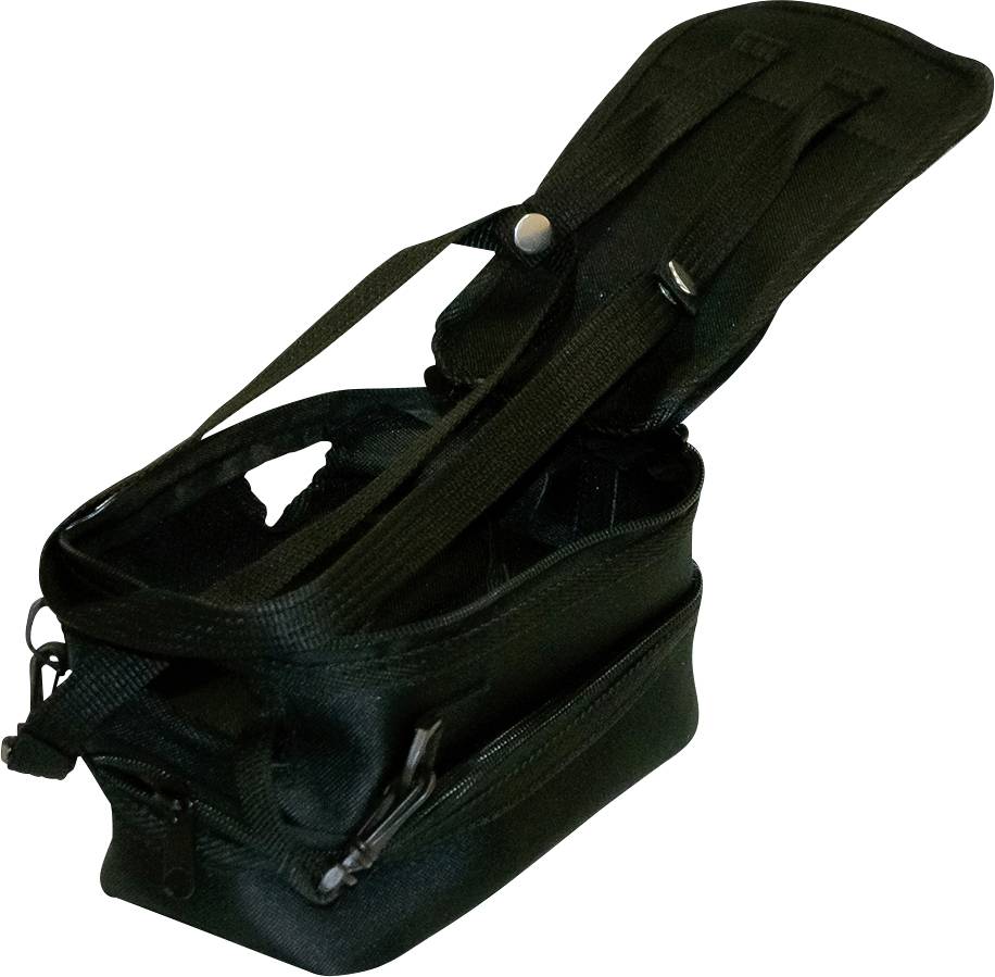 Schwarze, offene Tasche mit mehreren Fächern und Schulterriemen. Die Tasche hat einen Reißverschluss und ist leicht geöffnet.