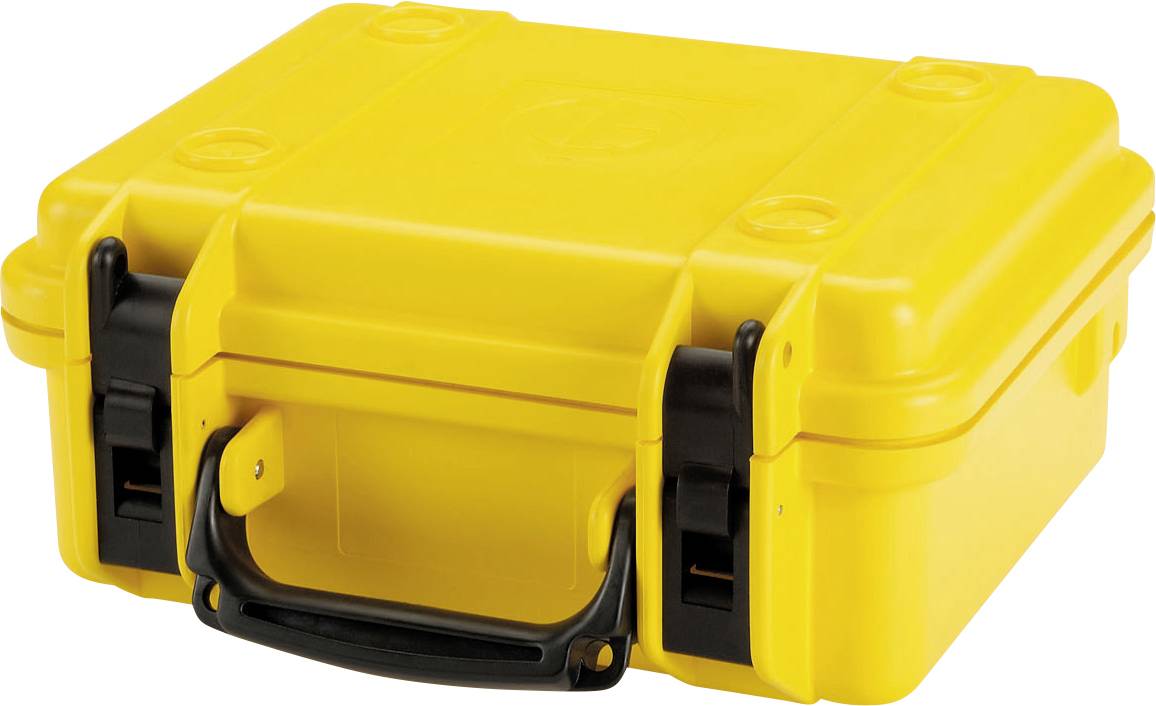 Gelber, robuster Koffer mit schwarzen Verschlüssen und Griff, möglicherweise für den Transport empfindlicher Ausrüstung geeignet.