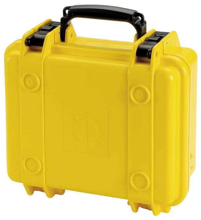 Gelber, robuster Schutzkoffer aus Kunststoff mit schwarzem Griff, ideal zum sicheren Transport empfindlicher Geräte oder Werkzeuge.