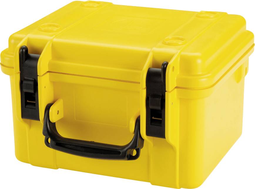 Ein gelber, robuster Kunststoffkoffer mit schwarzem Griff und Verschlüssen. Geeignet für sicheren Transport oder Schutz von Gegenständen.