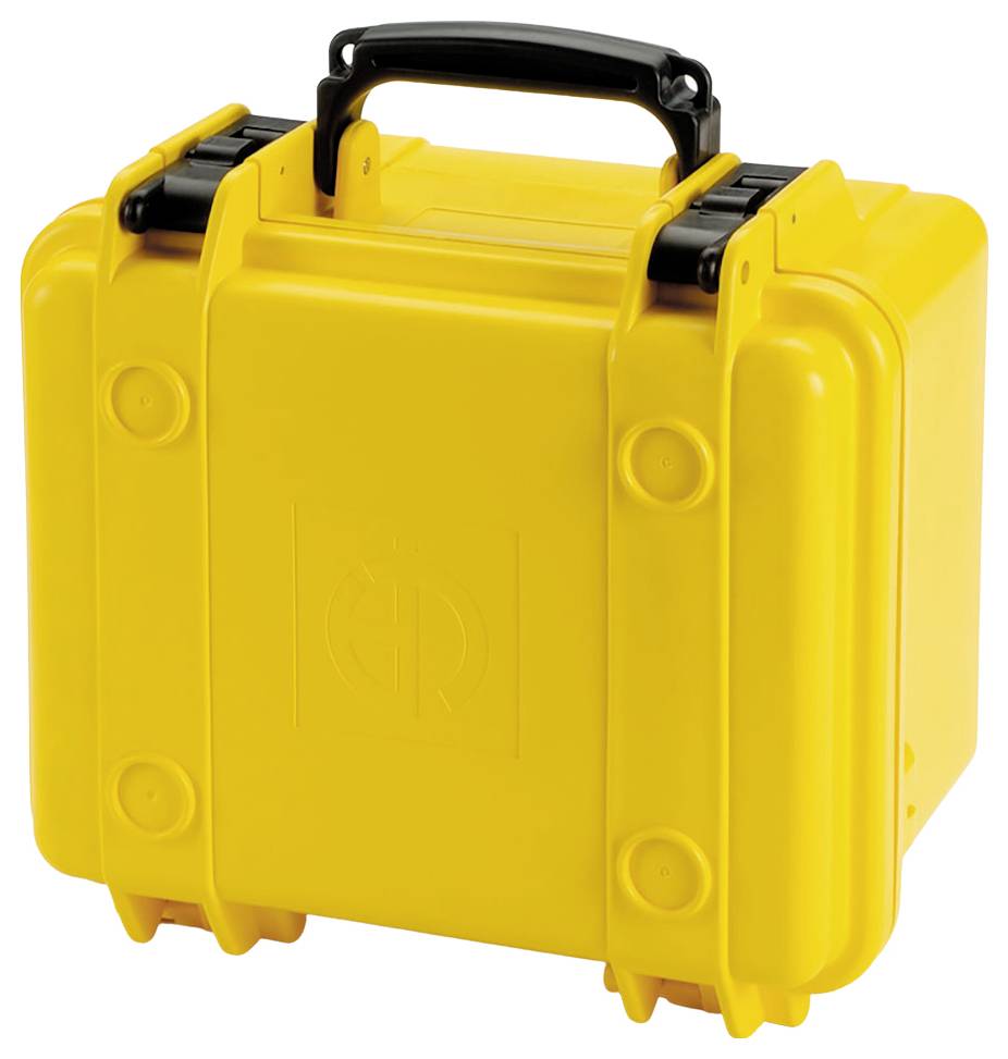 Gelber, robuster Schutzkoffer mit schwarzem Griff und Schnappverschlüssen, geeignet für den sicheren Transport empfindlicher Ausrüstung.