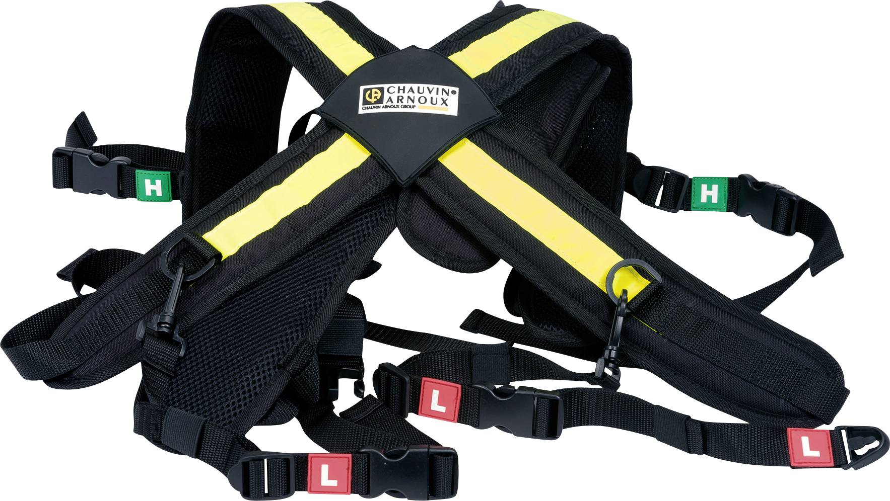 Sicherheitsgurt mit gelben Streifen und Beschriftungen auf den Gurten, gestaltet für die Elektroschutzmaßnahme von Chauvin Arnoux.