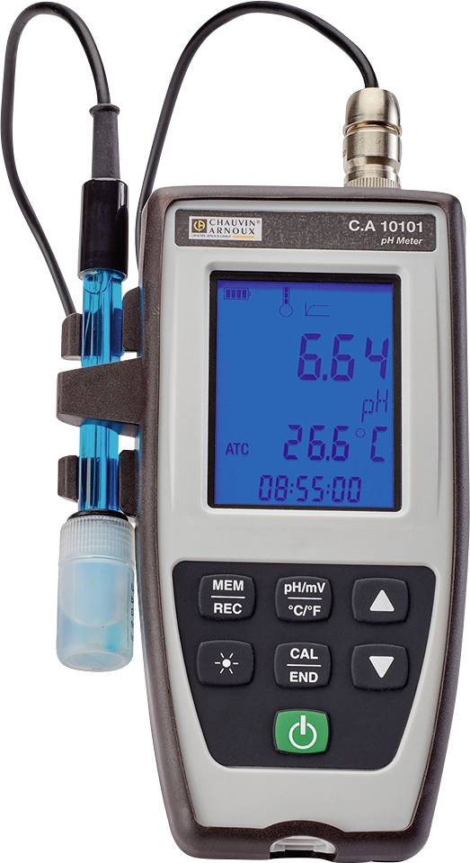 Tragbares pH-Messgerät mit digitalem Display zeigt pH-Wert von 6,64 und Temperatur von 26,6 °C an.