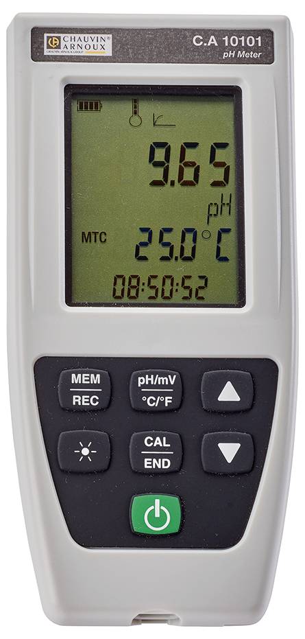 Digitales pH-Meter mit Anzeige von '9,65 pH', Temperatur '25,0 °C' und Uhrzeit '08:50:52'. Markiert mit 'C.A 10101' von Chauvin Arnoux.